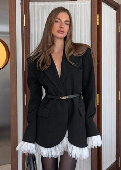 Elegant Loose Fit Blazer with Lace Hem - MYSTERYBOXS