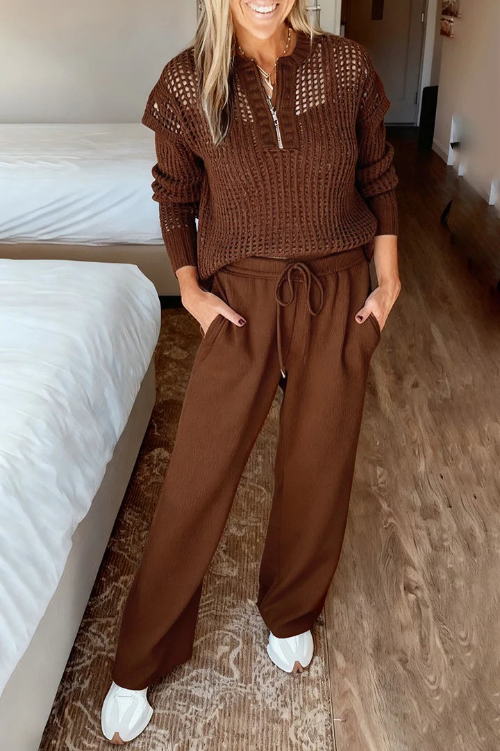 Women Round Neck Plaid Hollow Top + Drawstring Pants Casual Suit - MYSTERYBOXS