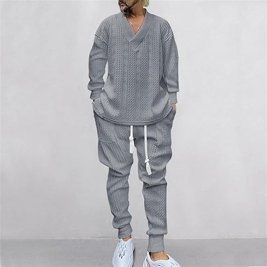 Men's V-Neck Jacquard Tracksuit - MYSTERYBOXS