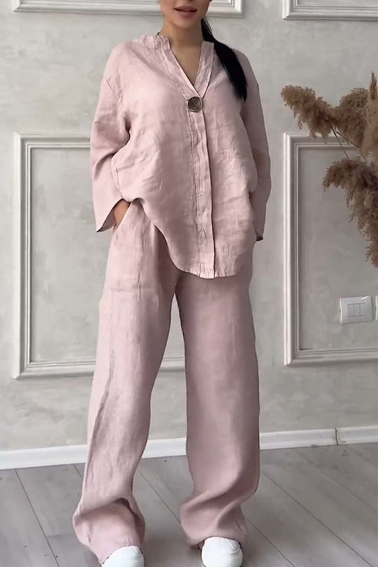 Casual button decorated cotton and linen two-piece set - MYSTERYBOXS