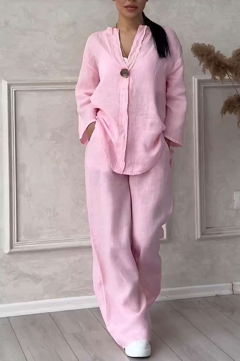 Casual button decorated cotton and linen two-piece set - MYSTERYBOXS