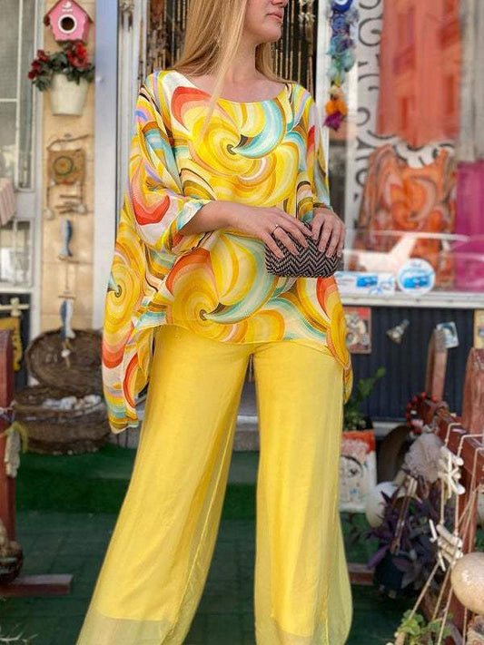 Women Colorful Chiffon Set Summer Casual Crew Neck Printed Two Piece Suit - MYSTERYBOXS