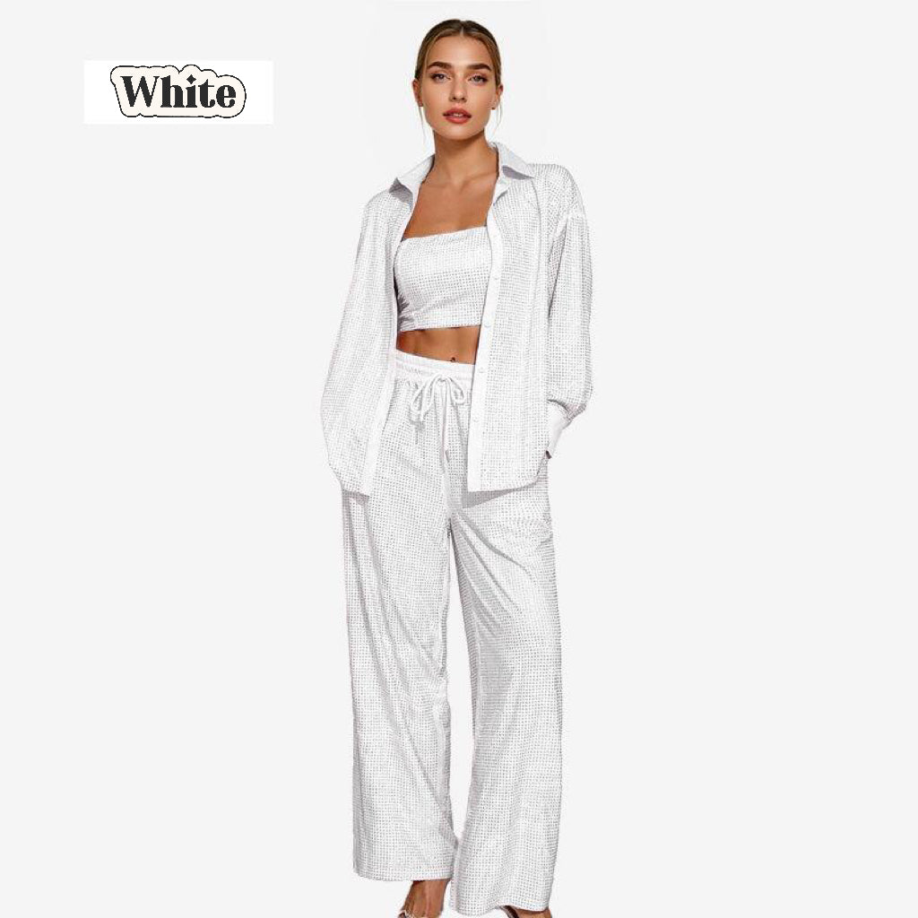 Women's Sequin Blazer and Wide Leg Pants (3-Piece Set) - MYSTERYBOXS