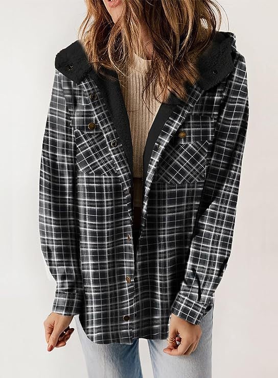 Women's Autumn/Winter Plaid Jacket Long Sleeve Buckle Hooded Jacket Warm Coat - MYSTERYBOXS