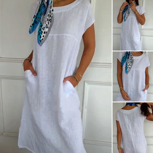 Women's Round Neck Short Sleeve Cotton Linen Dress - MYSTERYBOXS