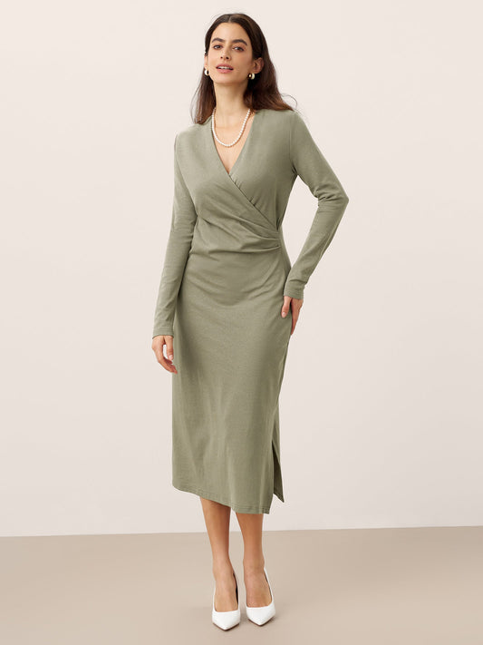 Linen Crossover V-Neck Wrap Stretch Midi Dress - MYSTERYBOXS