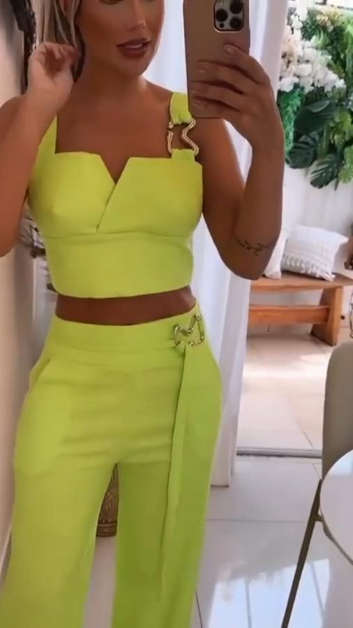 Women's Fashion Solid Color Suspender V-Neck Top Wide Leg Casual Pants Two-Piece Set - MYSTERYBOXS