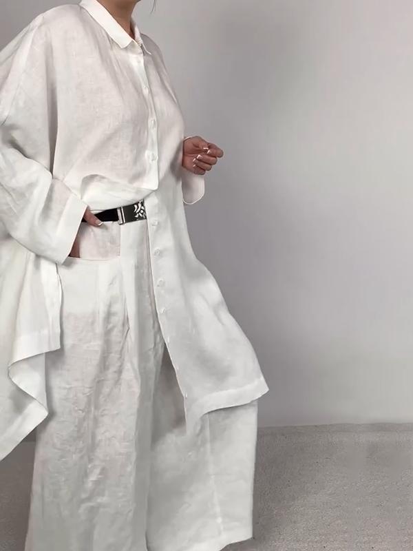 Women Casual Plain Shirt and Pants Two-pieces Set - MYSTERYBOXS