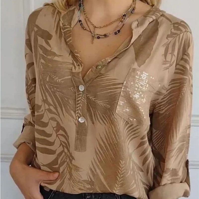 Fashionable women's printed V-neck top