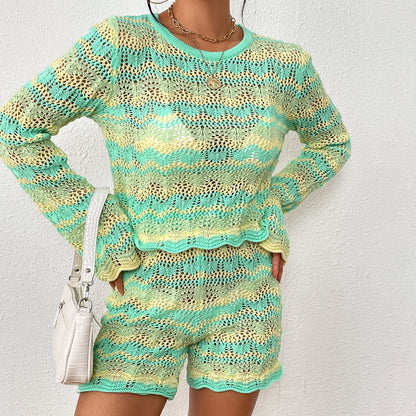 Two-piece patchwork sweater loose mid-color round neck striped sweater for women - MYSTERYBOXS