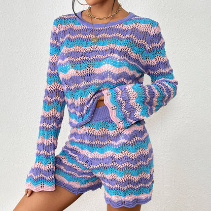 Two-piece patchwork sweater loose mid-color round neck striped sweater for women - MYSTERYBOXS