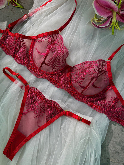 Wine Red Elegant Essence Embroidery Lingerie Set - MYSTERYBOXS