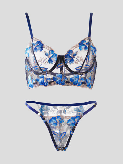 Blue Floral Embroidery Widen Side Lingerie Set - MYSTERYBOXS