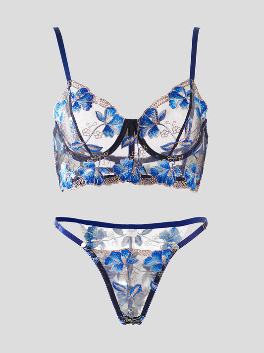 Blue Floral Embroidery Widen Side Lingerie Set