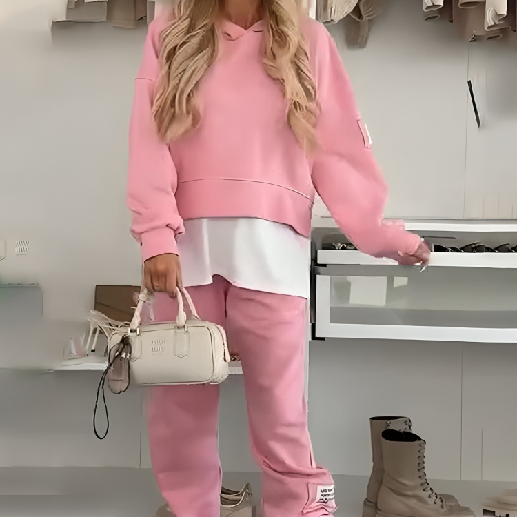 Women's Hooded Patchwork Casual Sweatshirt Set