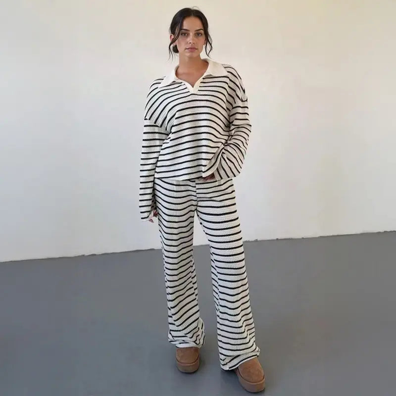 Colorblock striped V-neck loose two-piece set