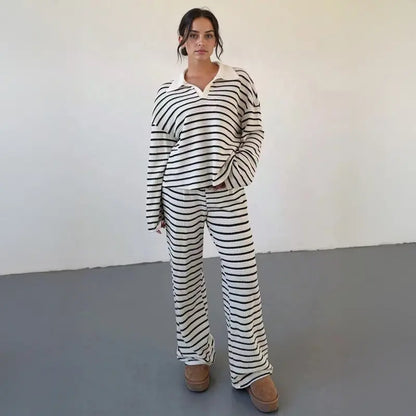 Colorblock striped V-neck loose two-piece set