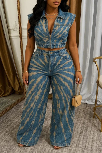 Women's Collar Zipper Short Top+pants Casual Set - MYSTERYBOXS