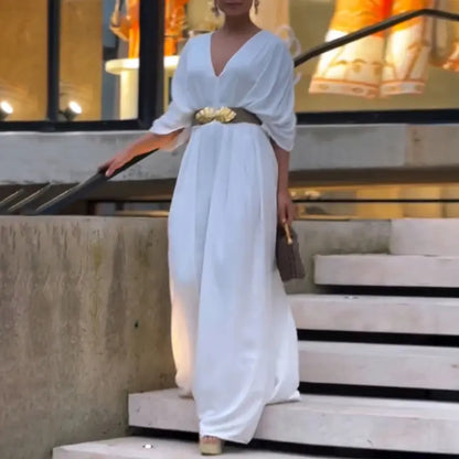 Women's V-Neck Half Sleeve Ruched Jumpsuit - MYSTERYBOXS