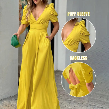 Women's Puff Sleeve Plunge Wide Leg Jumpsuit - MYSTERYBOXS