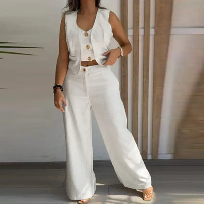 Women's 3 Pieces Outfits Metal Button Decor V Neck Sleeveless Tank Top and Casual Plain Loose Fit Pants Set - MYSTERYBOXS