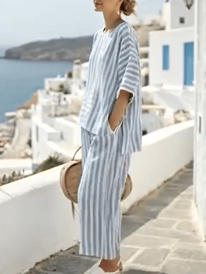 Women Summer Loose Striped Casual Elastic Waist Pants Set - MYSTERYBOXS
