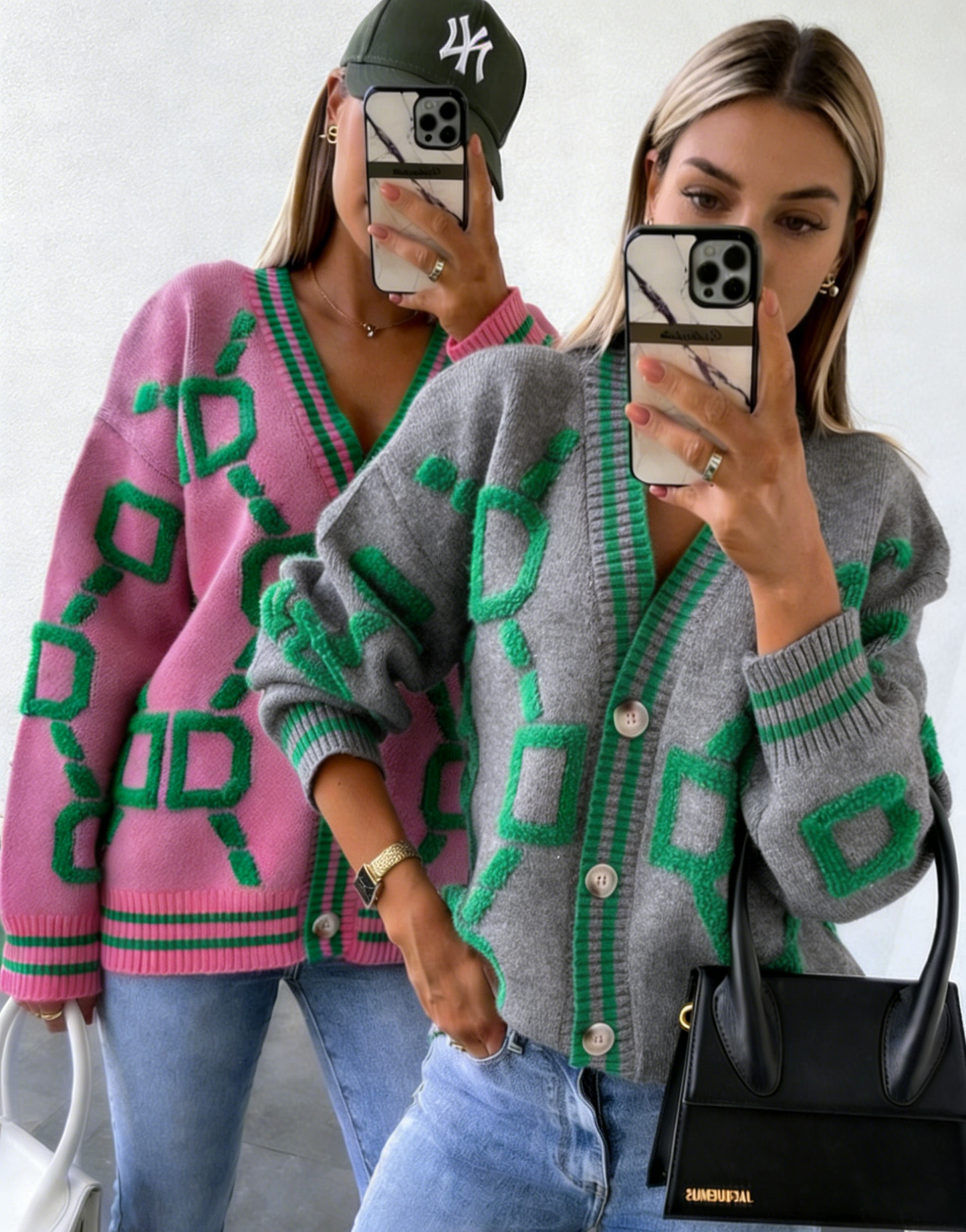 Jacquard color-blocked V-neck button-down cardigan sweater