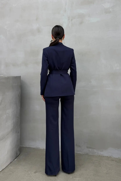 Ladies' Double Belted Blazer Jacket and Trouser Set - MYSTERYBOXS