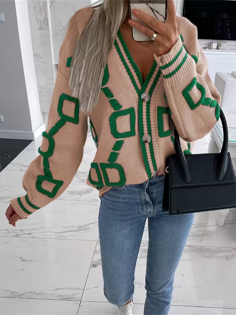 Jacquard color-blocked V-neck button-down cardigan sweater