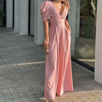 Women's Puff Sleeve Plunge Wide Leg Jumpsuit - MYSTERYBOXS