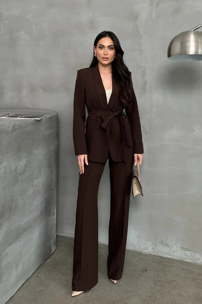 Ladies' Double Belted Blazer Jacket and Trouser Set - MYSTERYBOXS