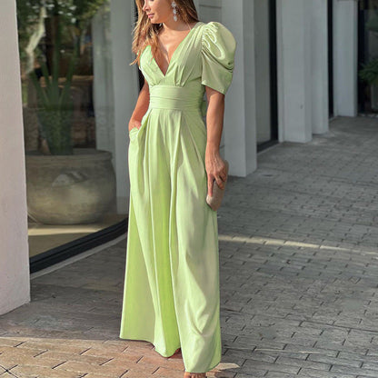 Women's Puff Sleeve Plunge Wide Leg Jumpsuit - MYSTERYBOXS