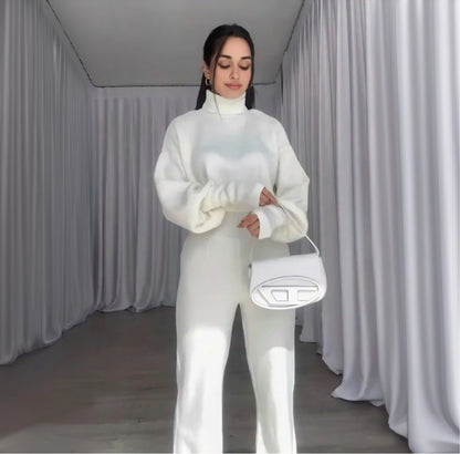 High-neck cropped sweater and high-waisted pants knit set