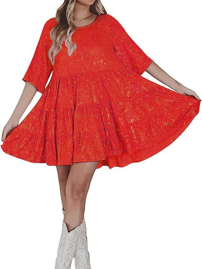 Summer High-end Women's Sequin Round Neck Loose French Dress Fairy Skirt - MYSTERYBOXS