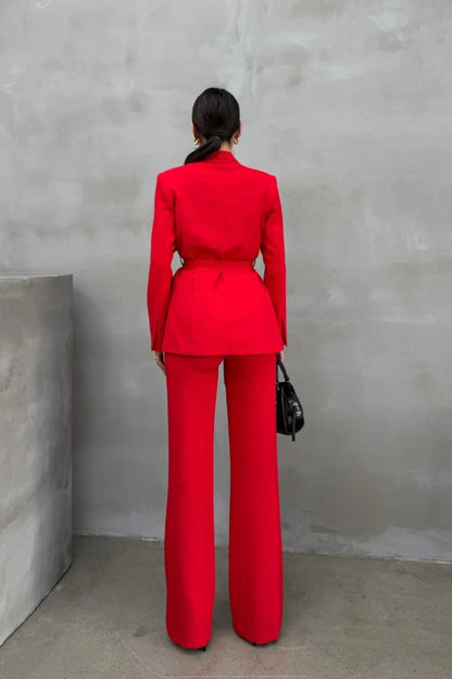 Ladies' Double Belted Blazer Jacket and Trouser Set - MYSTERYBOXS