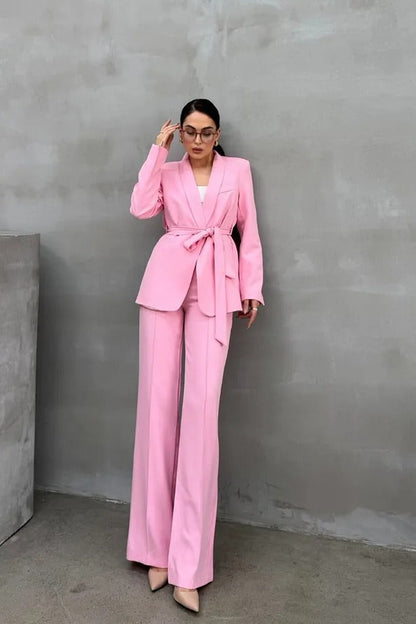 Ladies' Double Belted Blazer Jacket and Trouser Set - MYSTERYBOXS