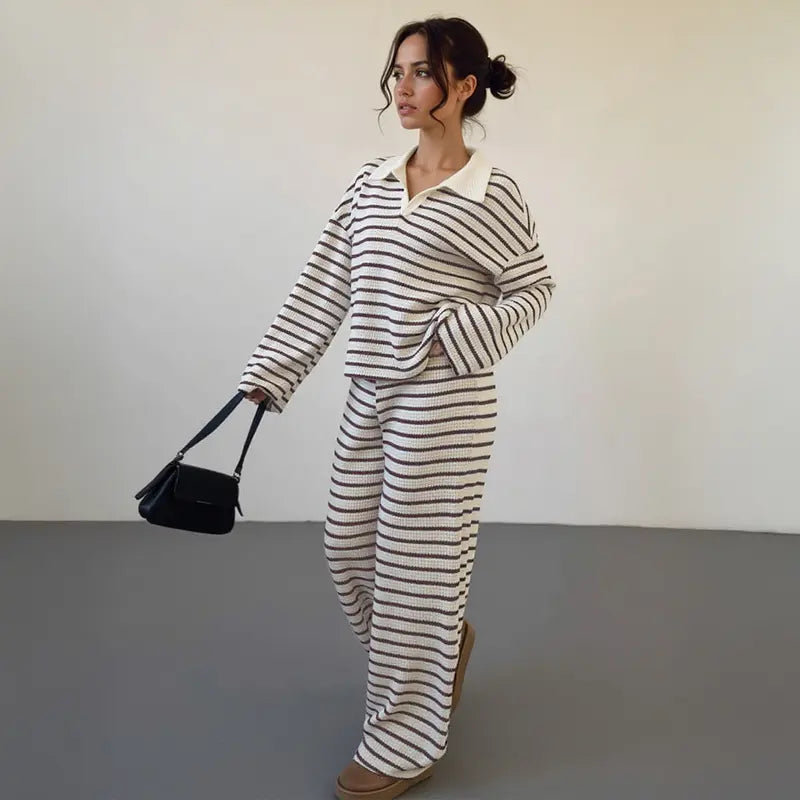 Colorblock striped V-neck loose two-piece set