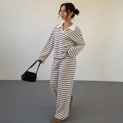 Colorblock striped V-neck loose two-piece set