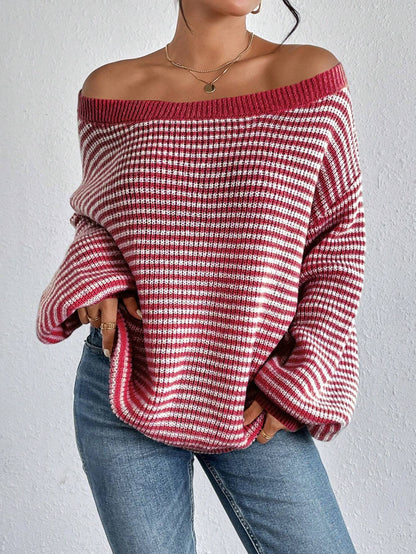 Loose striped off-shoulder knit sweater