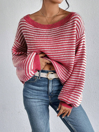 Loose striped off-shoulder knit sweater