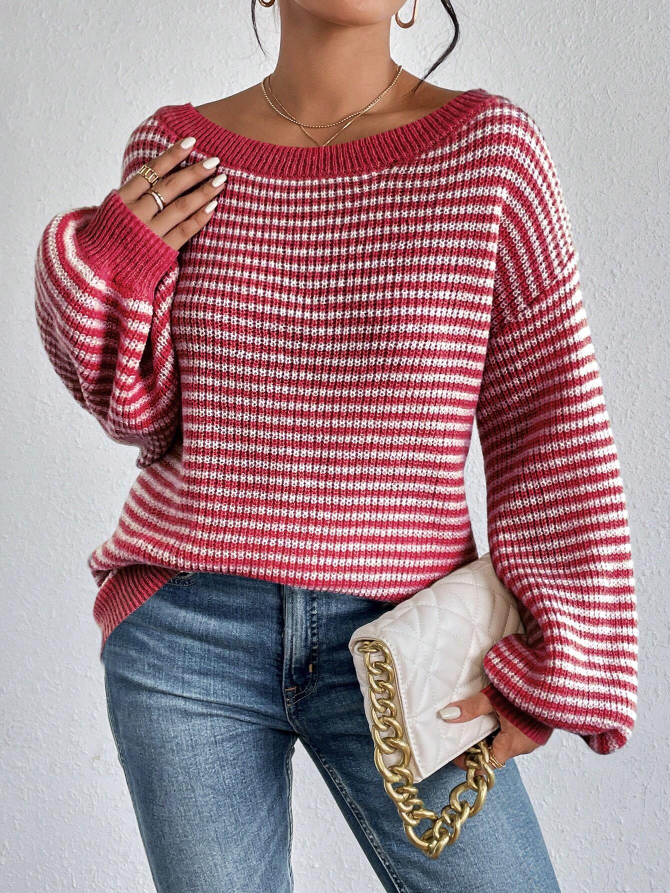 Loose striped off-shoulder knit sweater