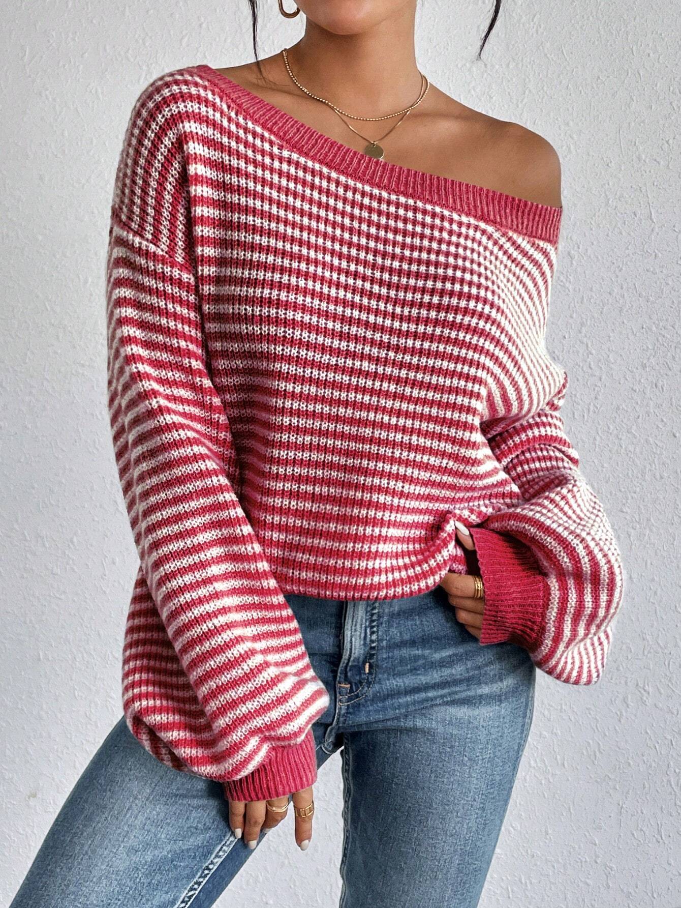Loose striped off-shoulder knit sweater