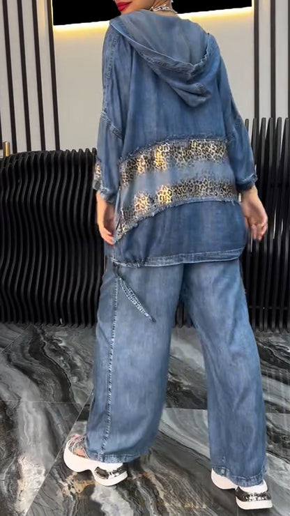 Women's Lapel Silver Leopard Print Splicing Tencel Denim Casual Suit - MYSTERYBOXS