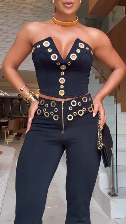Women's V-neck Tube Top Eyelet Fashion Slim Fit Suit - MYSTERYBOXS