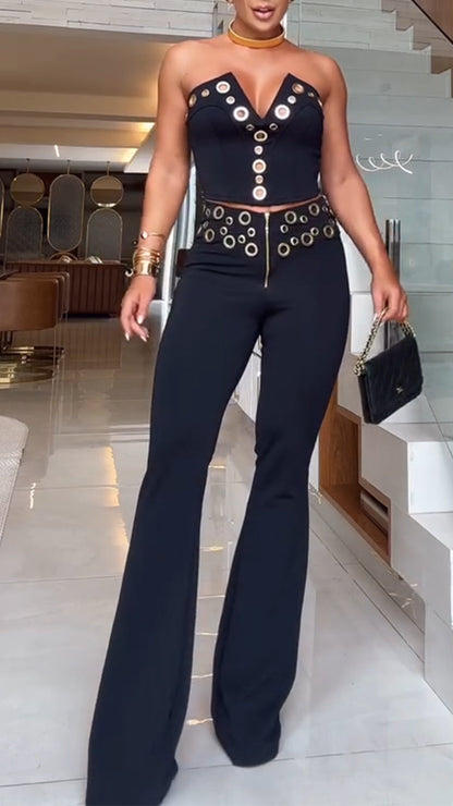 Women's V-neck Tube Top Eyelet Fashion Slim Fit Suit - MYSTERYBOXS