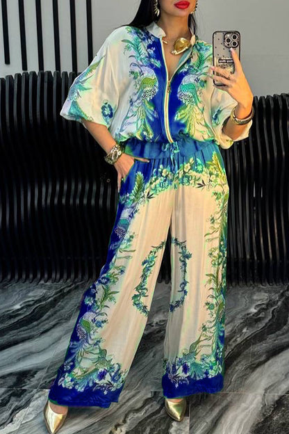 Women's Satin Zipper Printed Casual Suit - MYSTERYBOXS