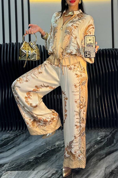 Women's Satin Zipper Printed Casual Suit - MYSTERYBOXS