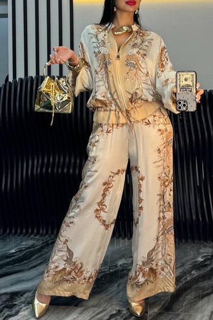Women's Satin Zipper Printed Casual Suit - MYSTERYBOXS