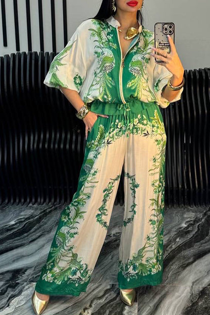 Women's Satin Zipper Printed Casual Suit - MYSTERYBOXS