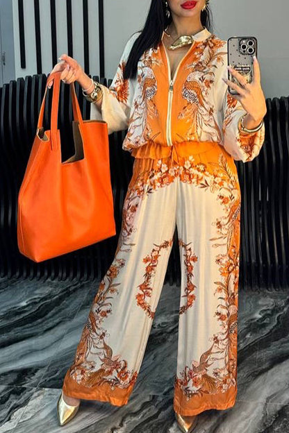 Women's Satin Zipper Printed Casual Suit - MYSTERYBOXS